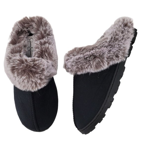 Jessica Simpson Black Textile Faux Fur Slippers